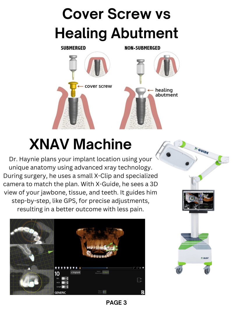 Infographic comparing cover screw vs healing abutment in dental implants and describing the use of the XNAV machine for precise implant placement